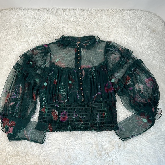 Free People Time for Shine Sheer Green Floral Crop Long Sleeve Top - Picture 8 of 10